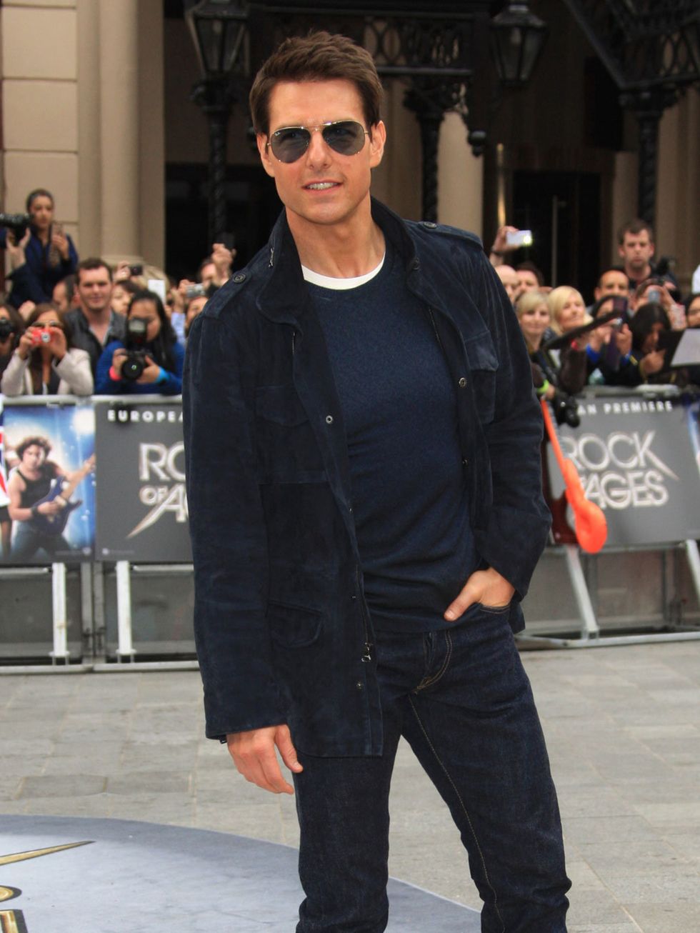 <p>Tom Cruise at the European Premiere of Rock Of Ages in London, in which he plays a rock star named Stacee Jaxx. He revealed the script for Top Gun 2 is currently in development and wore a jacket by Holmes and Yang  designed by his wife, Katie Holmes.<