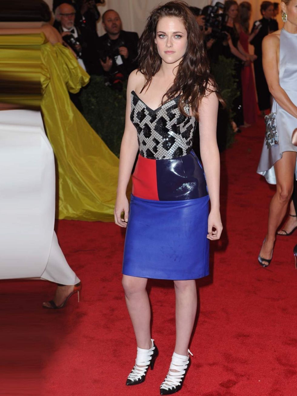 <p>Kristen Stewart in a Balenciaga hostess jacquard and leather dress at the MET Gala, New York.</p>