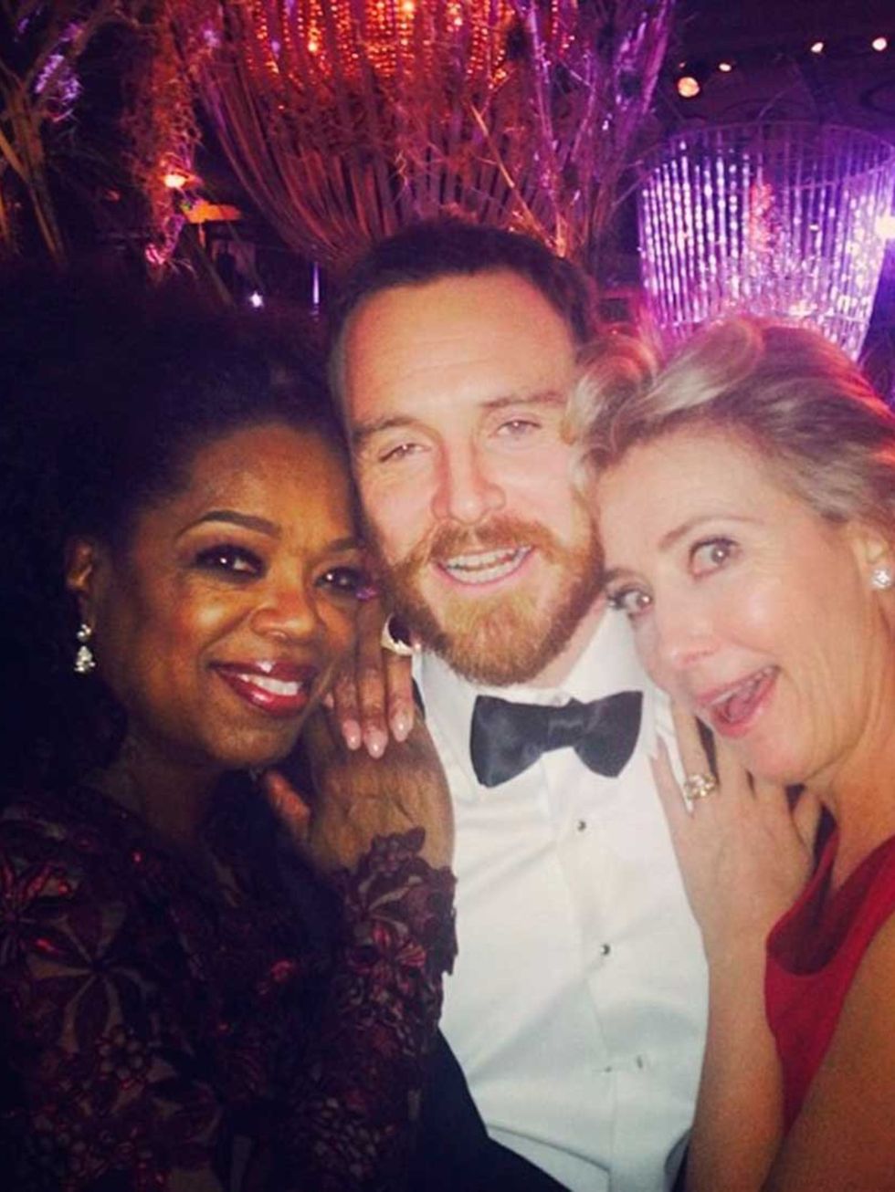 <p>Oprah Winfrey:</p><p>'Party over Here! With Michael Fassbender and Emma Thompson. #BAFTAs'</p>