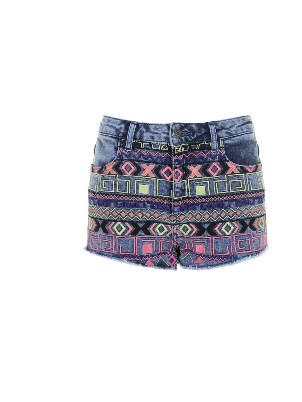 <p>Topshop Festival neon embroidered denim shorts, £35</p>