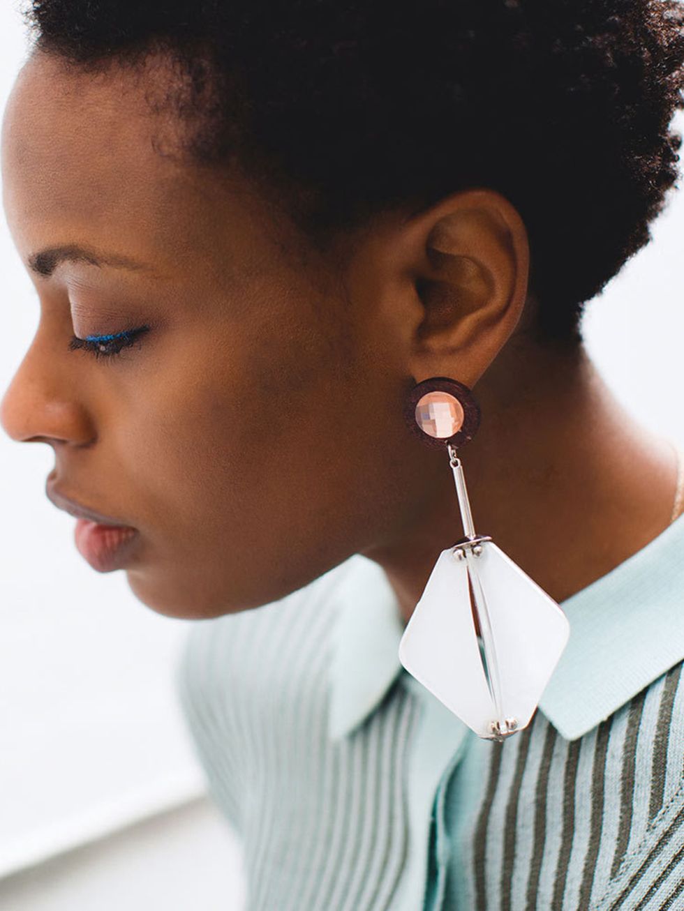 Viscose-mix top, £199, House of Dagmar. Plastic earrings, £15, Freedom at Topshop. Gold necklace (worn throughout), £350, Annina Vogel at Liberty