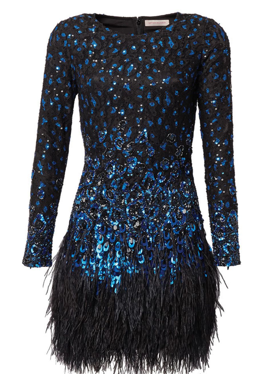 <p>Blue Leopard Lace Feather Dress,</p>

<p><a href="http://www.matthewwilliamson.com/shop/product/8982/luxury-leopard-lace-party-dress">Buy online</a></p>