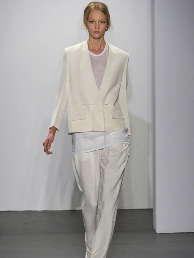 <p> </p><p>Racer-back jumpsuits, ankle skimming trouser lengths, bias cuts and delicate pleating were shown in the fresh and natural palette of white, sand and blues, with one shot of colour in the form of a coral shift. Costa played with proportions with