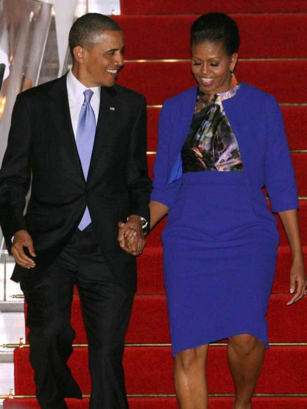 <p><a href="http://www.elleuk.com/starstyle/style-files/(section)/michelle-obama">Michelle Obama</a> wore a <a href="http://www.elleuk.com/catwalk/collections/preen/autumn-winter-2011/review">Preen</a> cropped jacket, matching high-waist pencil skirt &amp