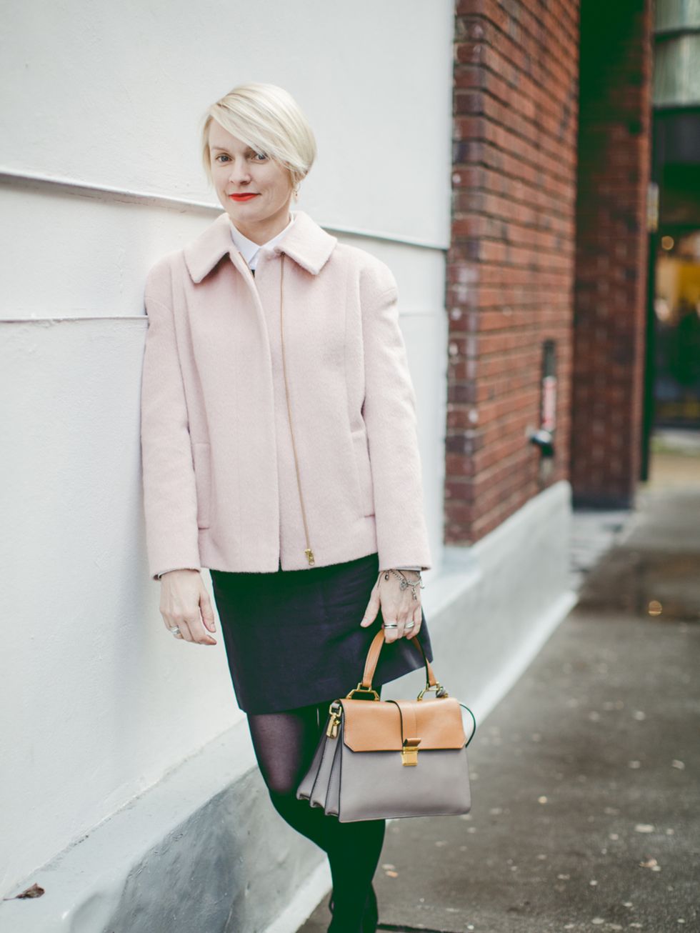 Lorraine Candy  Editor in Chief.
Marks & Spencer coat, Paul Smith shirt, Chalayan skirt, Miu Miu bag, Topshop shoes.