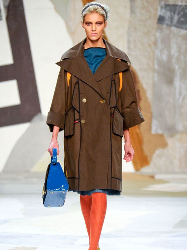 <p>Its protagonist loves expensive furs and has a coat for every occasion.</p><p>There was a utility feel to this collection with satin sleeveless khaki jackets, ribbed cashmere trousers with patch pockets and kilts. Woven coats had the ragged feel of Kar