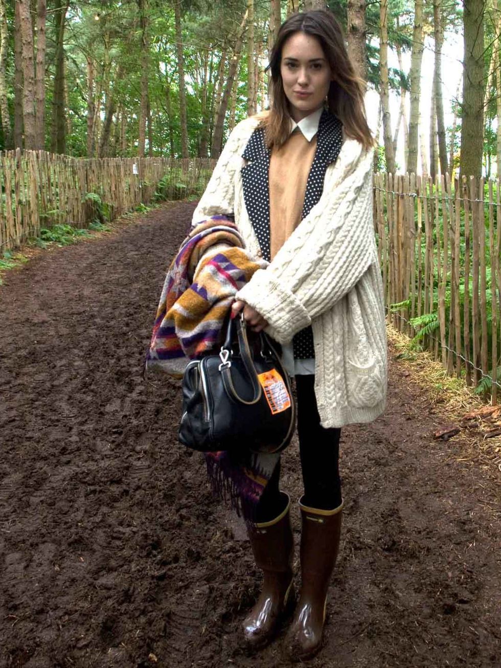 <p>Elizabeth, 23, Model, London. Vintage cardigan, vintage jacket, H&amp;M jumper, vintage shirt, H&amp;M leggings, Havaianas wellies, vintage bag, H&amp;M scarf.</p>