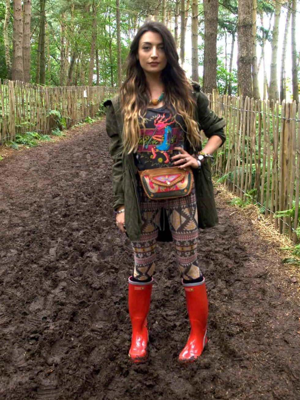 <p>Marni, 23, Fashion Blogger, London. Vintage jacket and t-shirt, River Island leggings, Havaianas wellies, Urban Outfitters bag.</p>