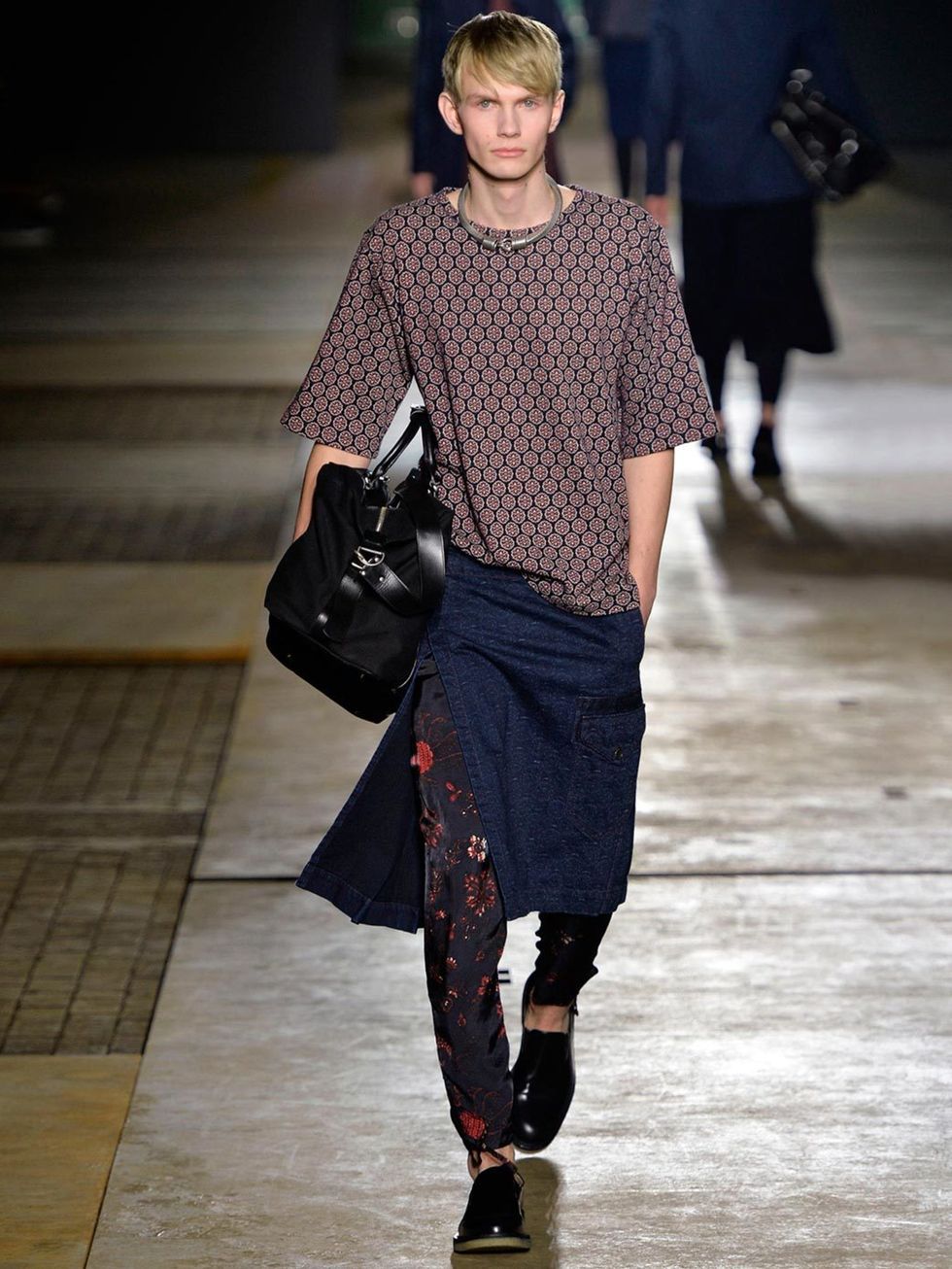 <p>Dries van Noten</p>

<p>Don't be afraid to clash your patterns, especially if you stick to similar tones. If in doubt a bit of block colour will tie your look together.</p>