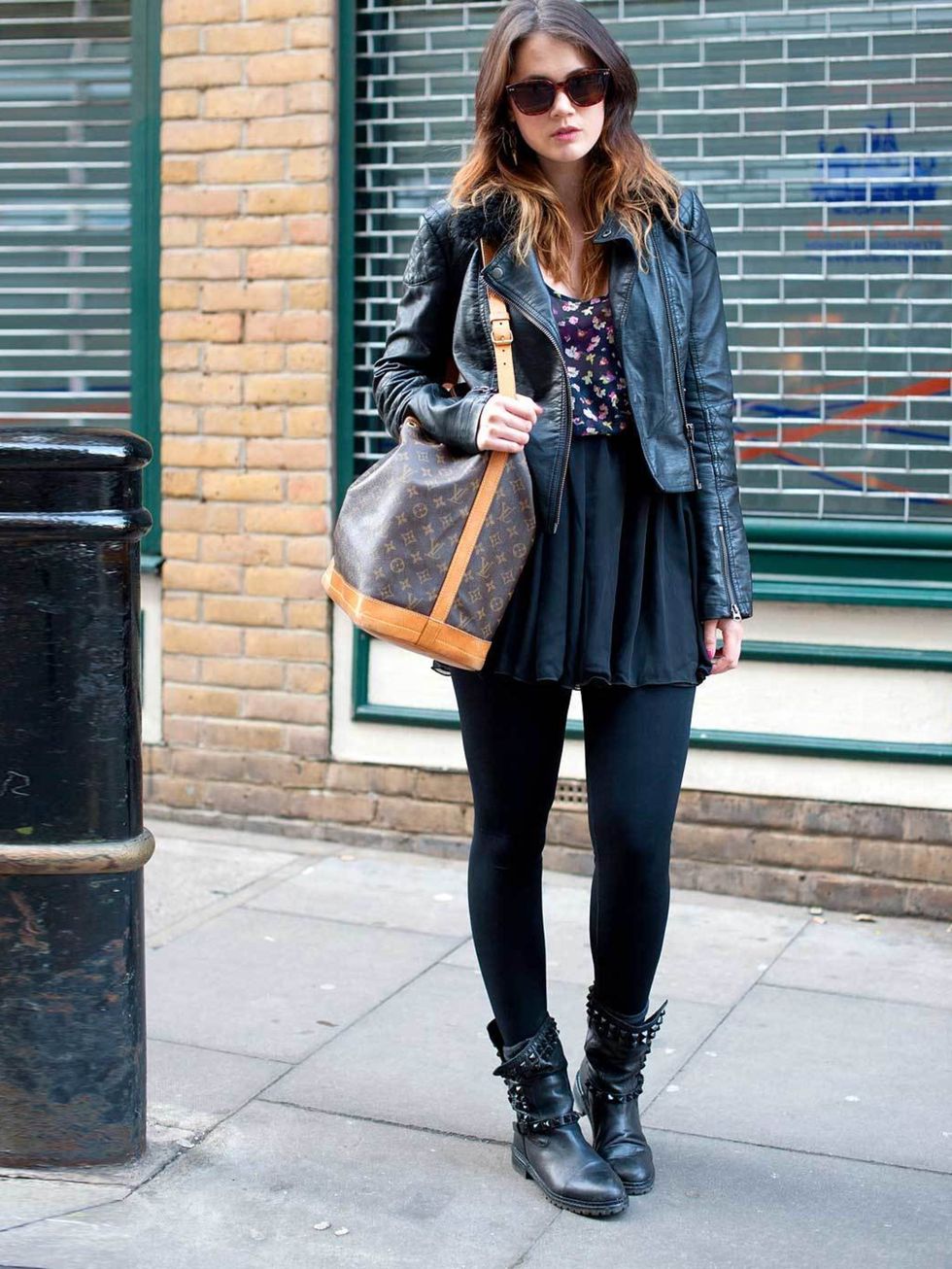 <p>Beila, 20, Make-up Artist. Topshop jacket, American Apparel dress, Zara boots, Louis Vuitton bag, vintage sunglasses.</p>