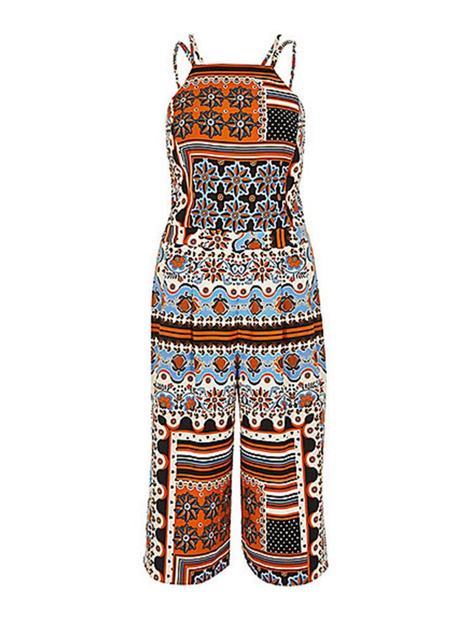 <p>Aztec meets mosaic for this summer staple, Market and Retail Editor Harriet Stewart will wear with gladiator sandals from day to night. </p>

<p> </p>

<p><a href="http://www.riverisland.com/women/playsuits--jumpsuits/jumpsuits/orange-tile-print-strapp