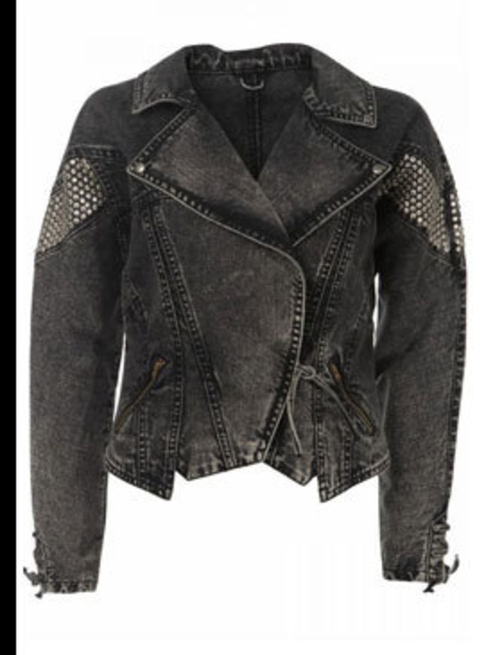 <p>Black denim biker jacket with silver studs, £60, by Topshop  (0845 121 4519) </p>