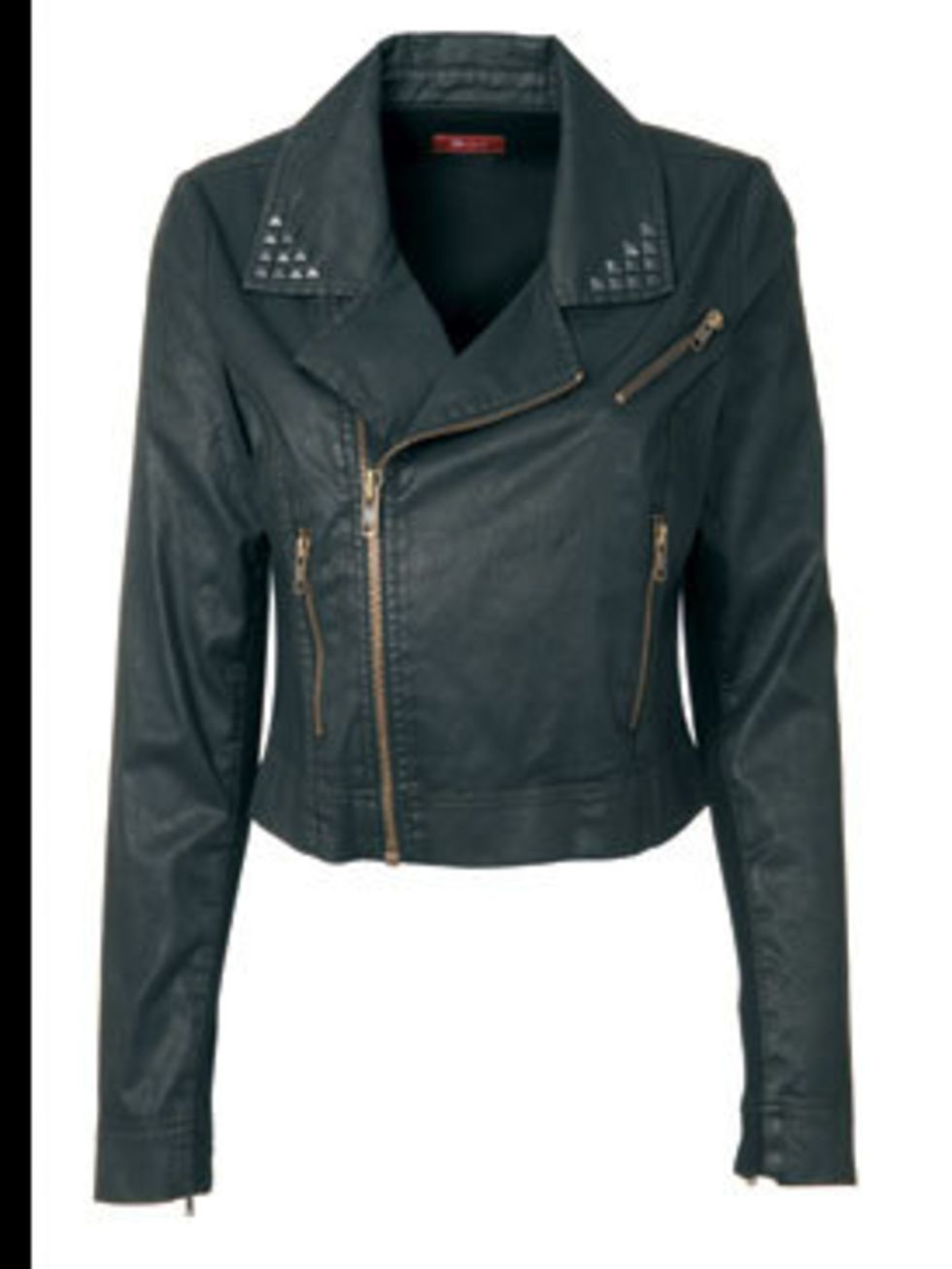 <p>Black studded biker jacket, £75, by Monsoon (08448110068)</p>