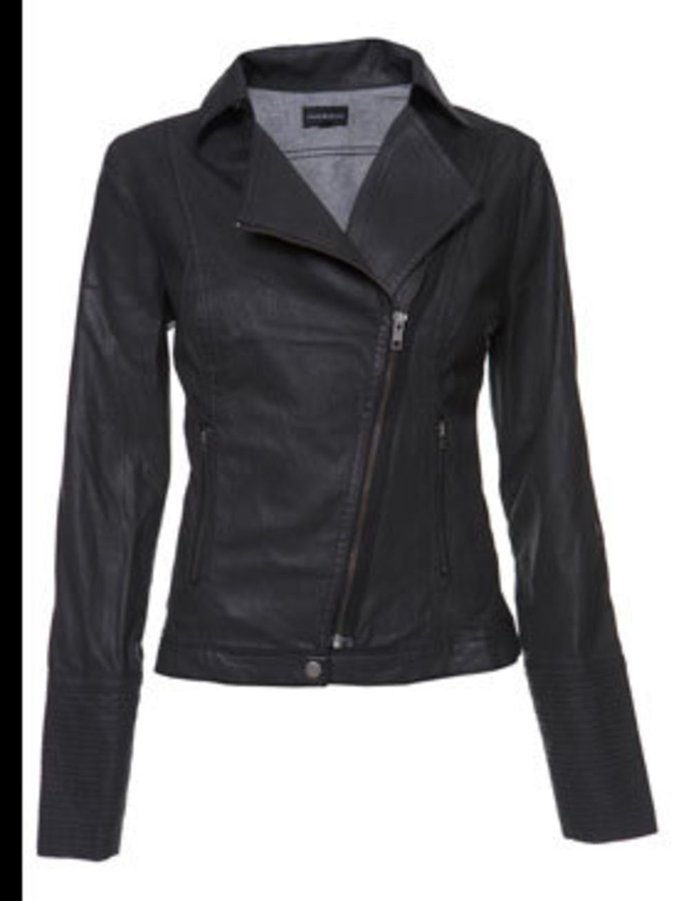 <p>Black leather biker jacket, £150, by Warehouse (08701 228813)</p>
