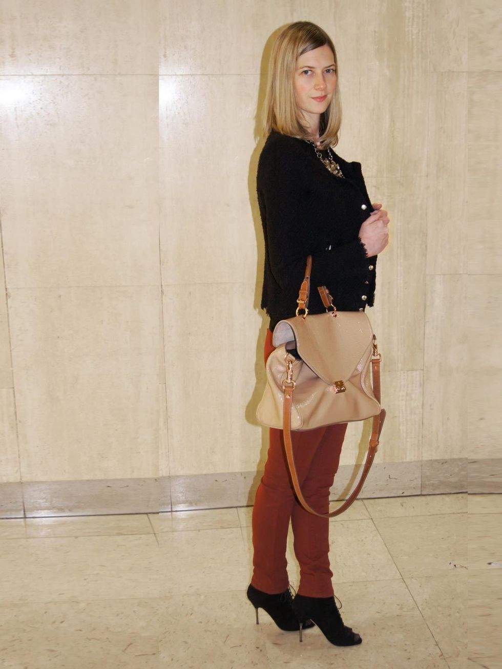 <p>Nicola Copping, <a href="http://www.harrods.com/">Harrods.com</a> Content Editor</p><p>J Brand cranberry jeans (Harrods.com exclusive)</p><p>Iro black jacket</p><p>Nicole Farhi ankle boots</p><p>Mulberry bag</p>