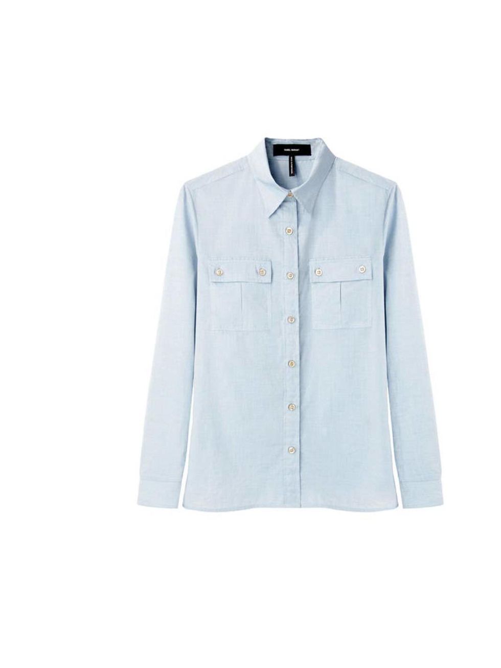 <p>This shirt is the perfect mix of feminine in the pale blue soft chambray denim, and classic men's tailoring. It can be worn with smart tailoring or with more denim for chic off-duty french style. £206 Isabel Marant at <a href="http://www.lagarconne.com