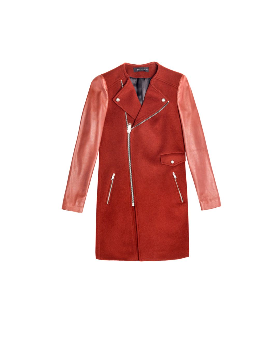 <p>Dont go for a boring black or grey, make a statement in winter with this red coat <a href="http://www.zara.com/webapp/wcs/stores/servlet/product/uk/en/zara-neu-W2012/269183/988010/BIKER%20COAT%20WITH%20ZIP">Zara</a> red coat with leather sleeves, £14