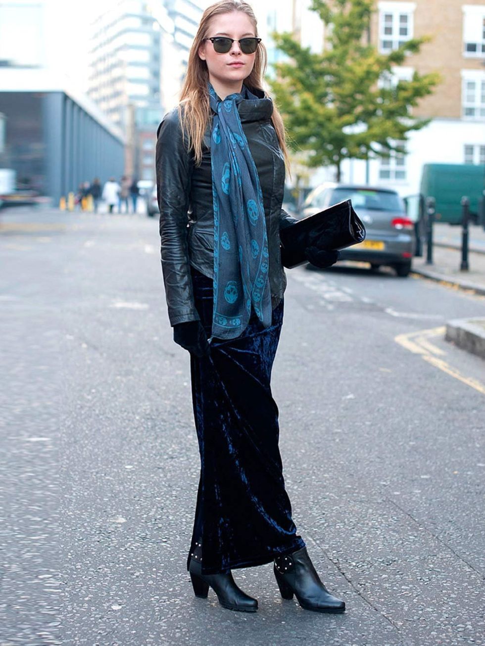 <p>Olivia, 21, Fashion Student.All Saints jacket, Asos skirt, Walter Steiger boots and bag, Alexander Mcqueen scarf.</p>