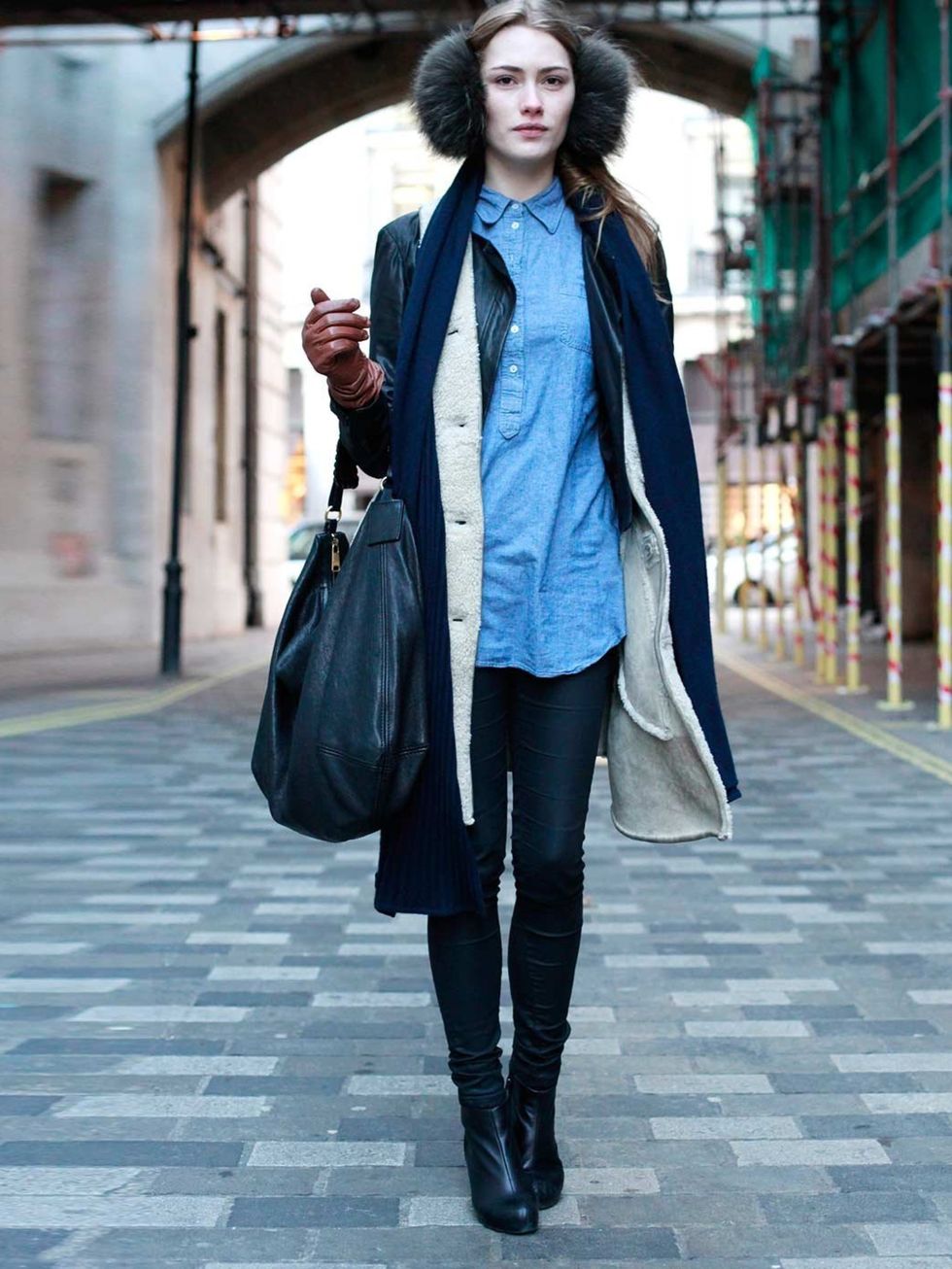 <p>Sif Agustsdottir, 23, Model.Theory coat, American Apparel top, Topshop jeans, Topshop Unique faux fur, Office boots, Unconditional scarf, Alexander McQueen bag.</p>
