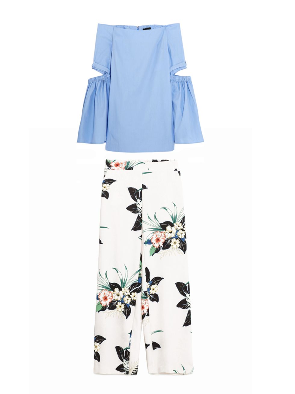 <p>Cut out top with fluted sleeves, £470, <a href="https://www.net-a-porter.com/gb/en/product/678856/Ellery/cyril-off-the-shoulder-cutout-cotton-poplin-top" target="_blank">Ellery</a></p>

<p>Flroal print trousers, £29.99, <a href="http://www.zara.com/uk/