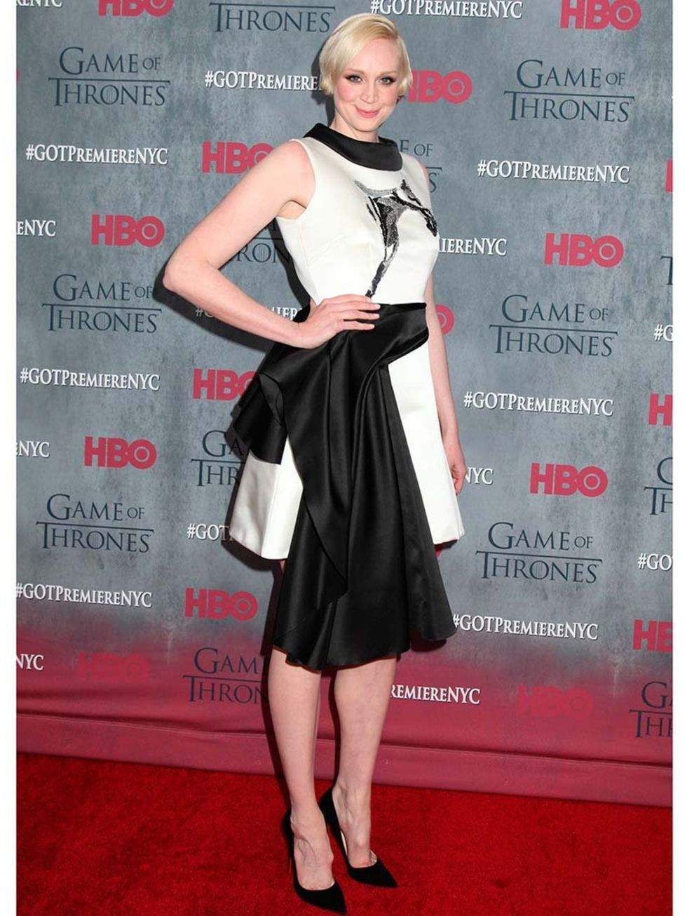 <p>Gwendoline Christie wears Giles a/w 2014 to Game of Thrones fourth season premiere</p>