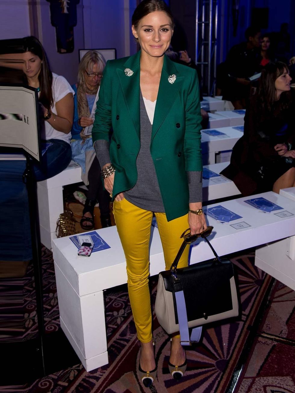 <p><a href="http://www.elleuk.com/star-style/celebrity-style-files/olivia-palermo">Olivia Palermo</a> in mustard trousers and a green blazer at the Anya Hindmarch presentation.</p>