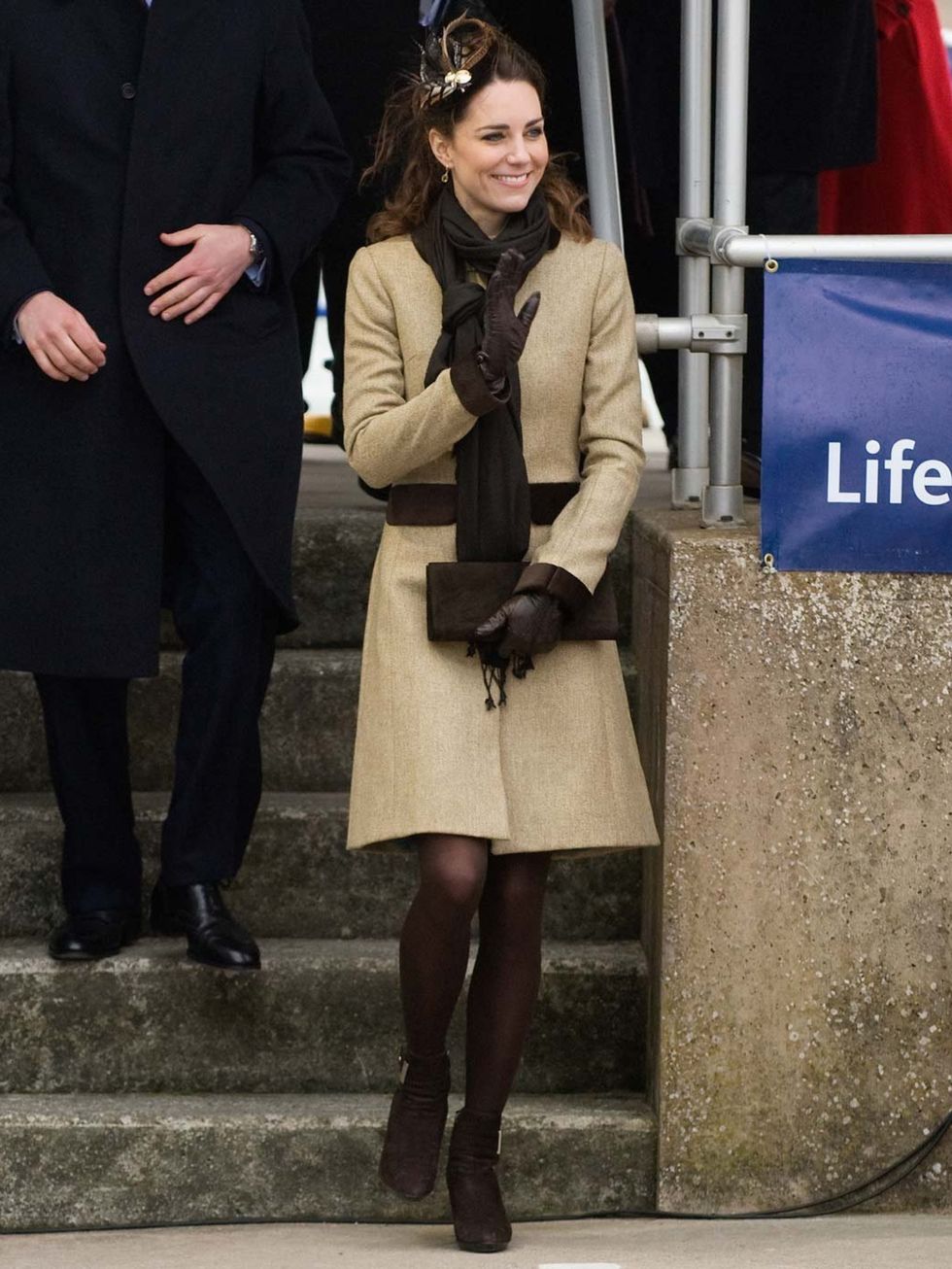 <p>Kate Middleton wears Katherine Hooker coat February 2012</p>
