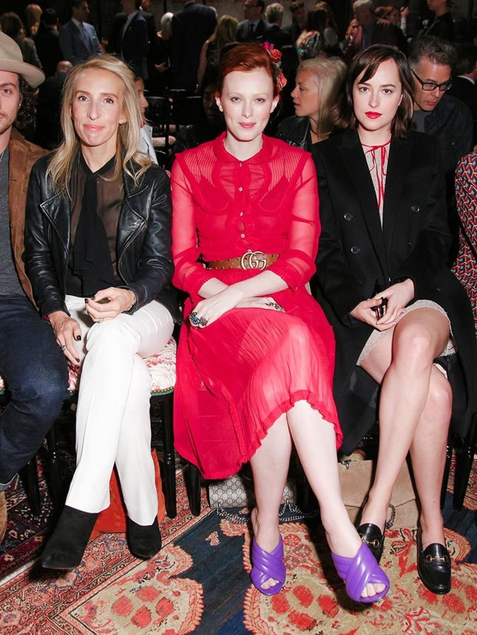 <p>Aaron and Sam Taylor-Johnson attend the Gucci Cruise 2015 show in New York, June 2015.</p>