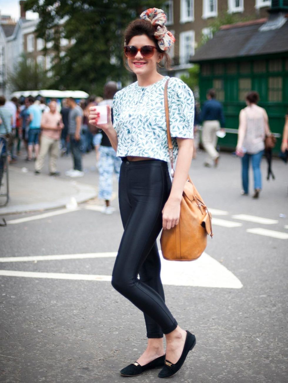<p>Katie, 23. Beyond Retro top, American Apparel trousers, Topshop shoes, We're House bow, vintage glasses and bag, Barrymore nails.</p>