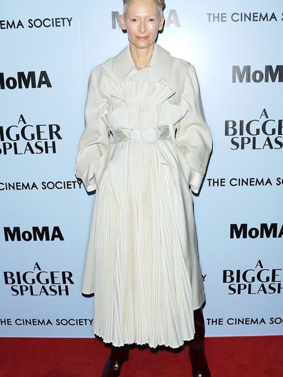 Tilda Swinton wears Maison Margiela Artisanal designed by John Galliano to the premiere of A Bigger Splash, April 2016.