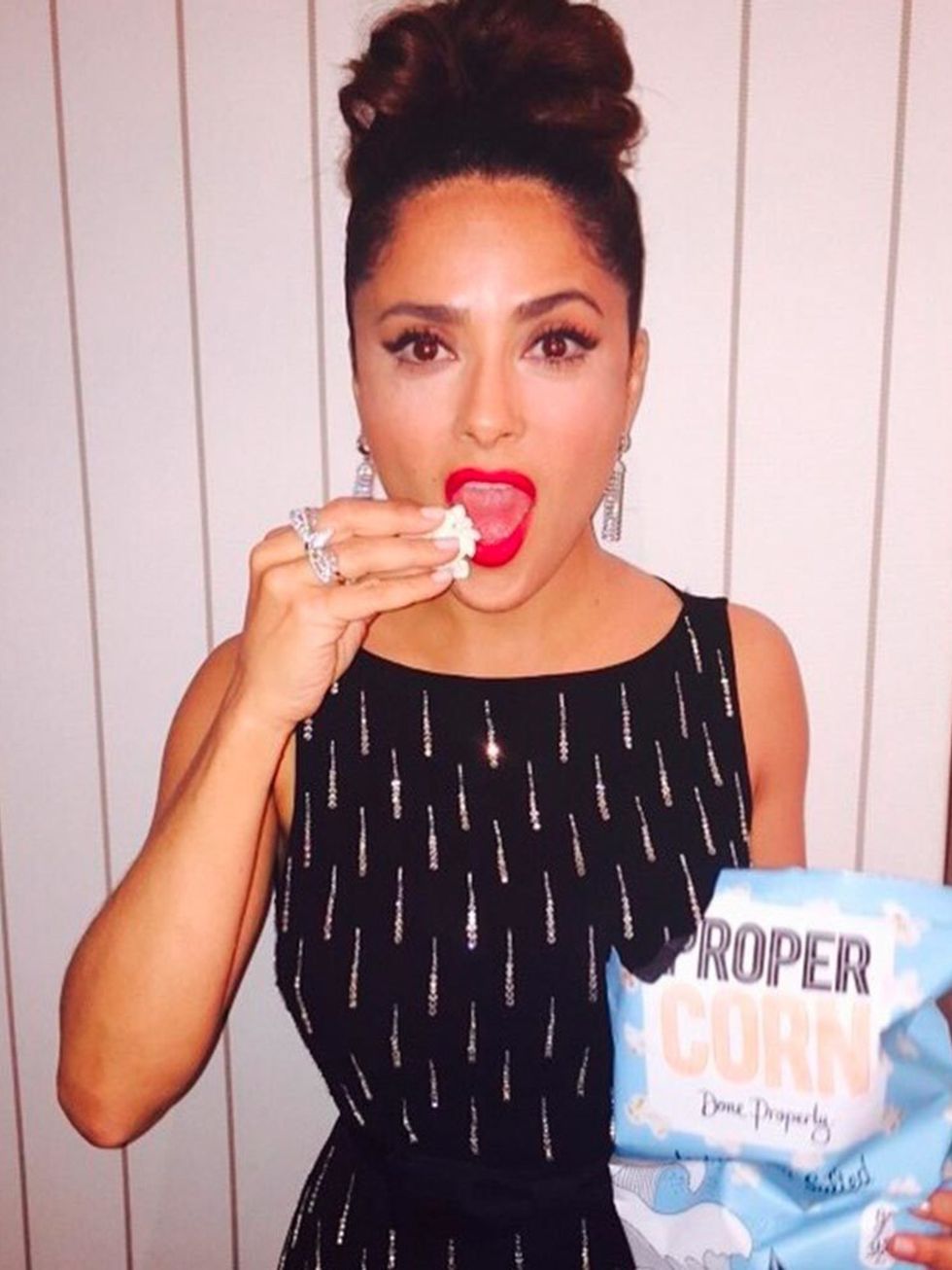 <p>Salma Hayek (@salmahayek)</p>

<p><span style="line-height:1.6">They don't give you popcorn in the theater in Cannes, have to eat it before the screening. </span><a href="https://instagram.com/explore/tags/cannes2015/" style="line-height: 1.6;">#Canne