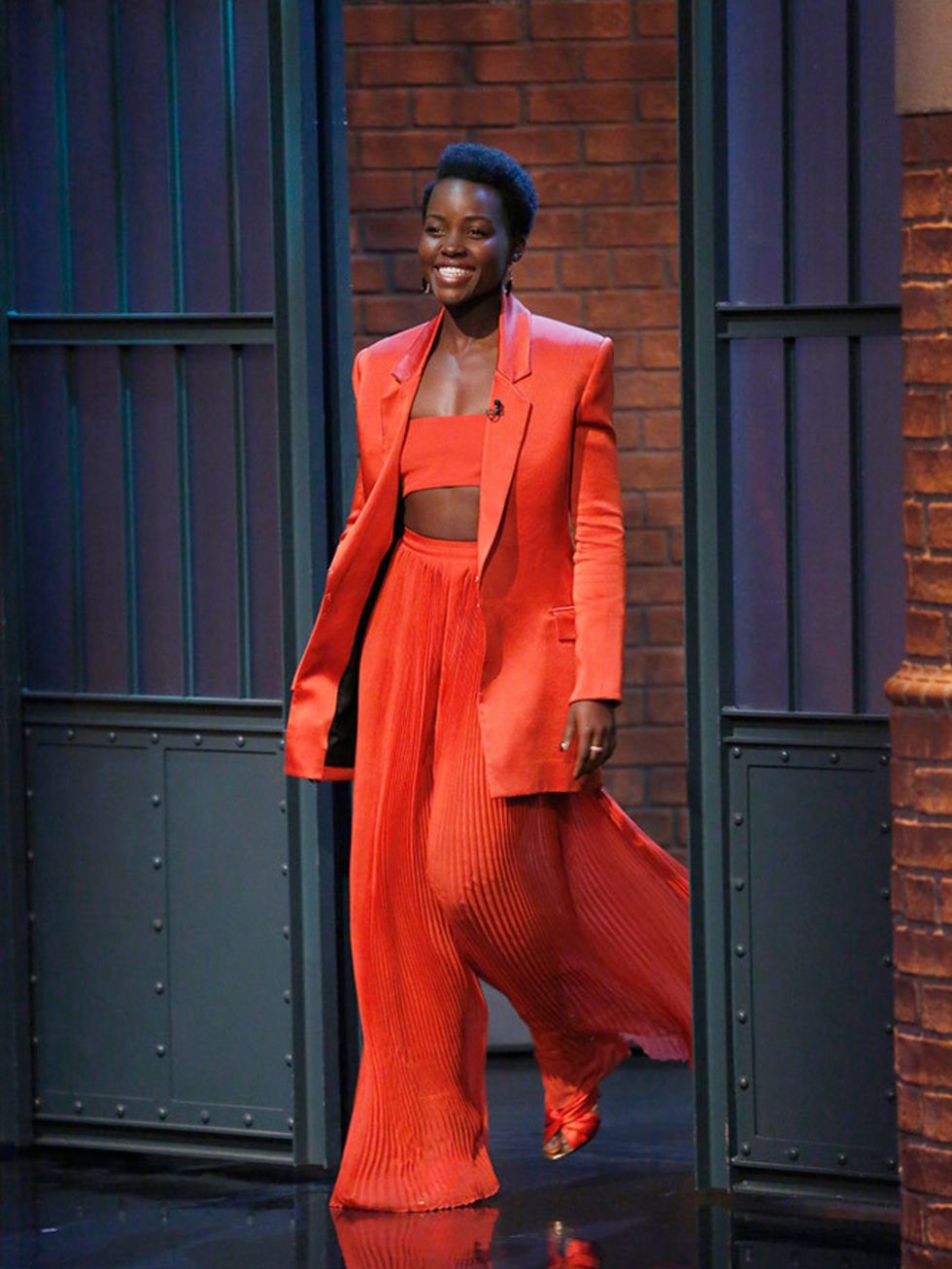 Lupita Nyong'o wears Balmain for an appearance on Late Night with Seth Meyers, March 2016.