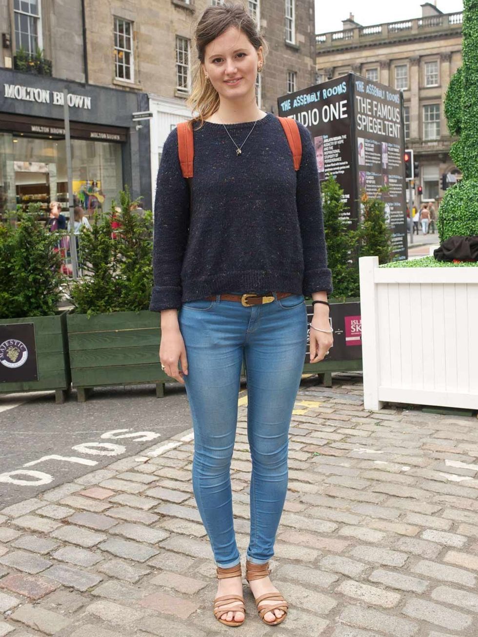 <p>Naomi Howarth, 24, Illustrator. Topshop jumper and jeans, Office sandals, vintage belt, Sandqvist (Swedish) rucksack.</p>
