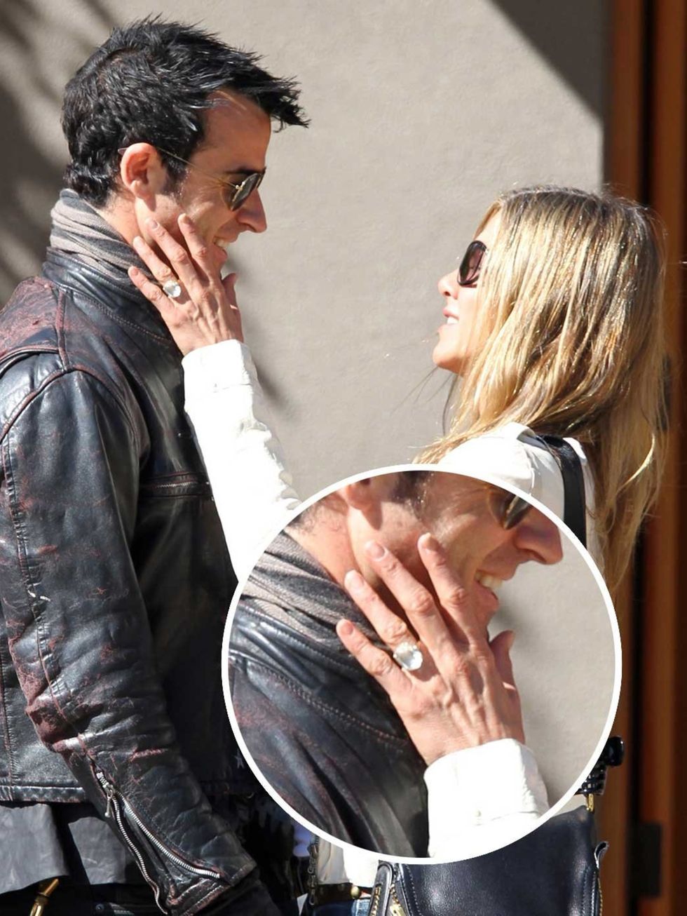 <p>Jennifer Aniston wearing her engagement ring with Justin Theroux</p>