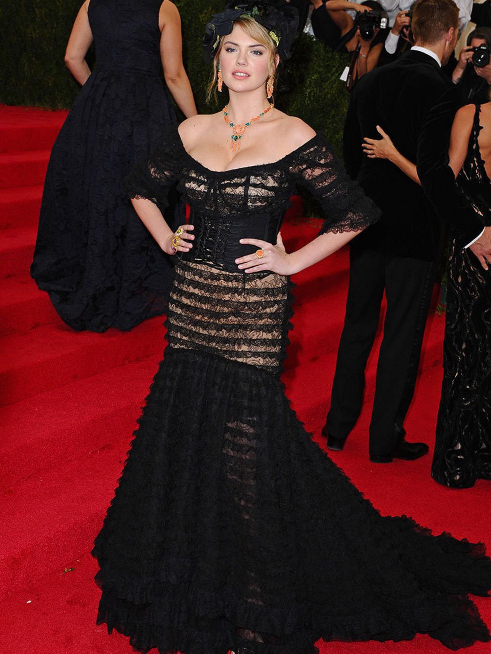 <p>Kate Upton wears a black tiered gown by Dolce & Gabbana to the Costume Institute Gala Benefit celebrating Charles James: Beyond Fashion, in New York.</p>