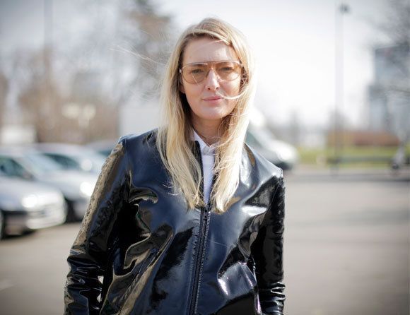 Clothing, Glasses, Jacket, Textile, Outerwear, Street fashion, Winter, Leather, Blond, Leather jacket, 