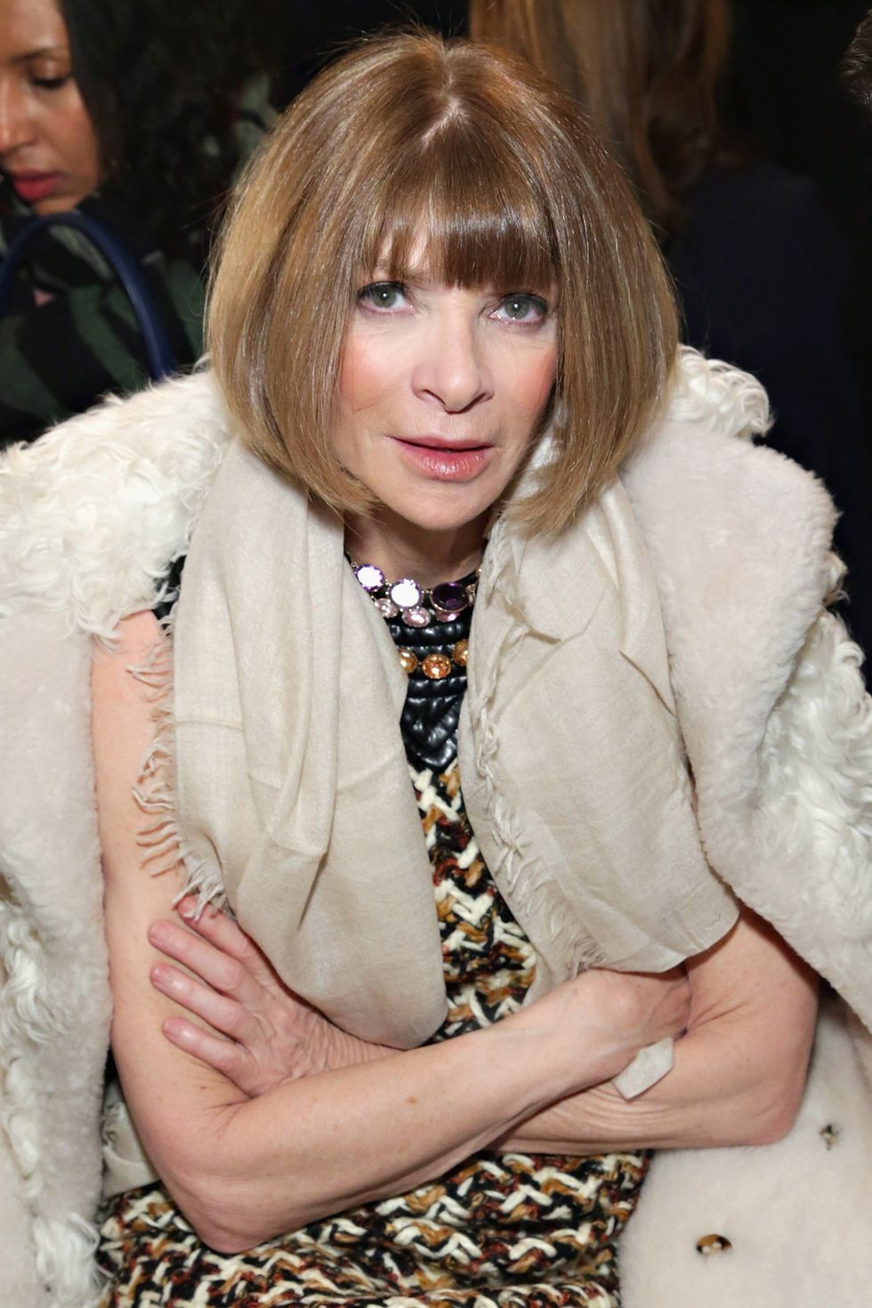 Face, Lip, Hairstyle, Textile, Bangs, Fashion, Natural material, Fur, Beige, Costume, 