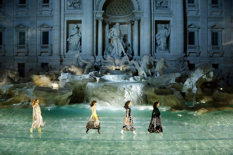 ROME, ITALY - JULY 07:  A model walks the runway at Fendi Roma 90 Years Anniversary fashion show at Fontana di Trevi on July 7, 2016 in Rome, Italy.  (Photo by Victor Boyko/Getty Images )
