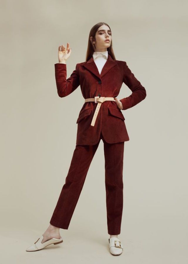 <p>Velvet Corduroy jacket, £402, and matching trousers, £147, both Cacharel. Wool top, £185, Lacoste. Leather shoes, £425, Bally. Leather belt, £65, Marc Cain</p>