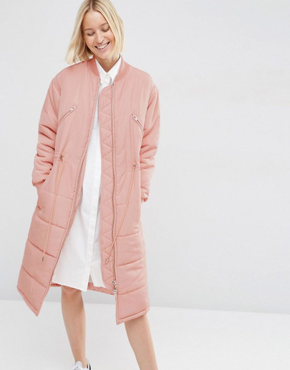 <p>Long quilted coat, £110, <a href="http://www.asos.com/asos-white/asos-white-quilted-longline-parka/prod/pgeproduct.aspx?iid=6572199&clr=Blush&SearchQuery=&cid=2623&pgesize=21&pge=0&totalstyles=21&gridsize=3&gridrow=4&gridcolumn=2" target="_blank">ASOS White</a></p>