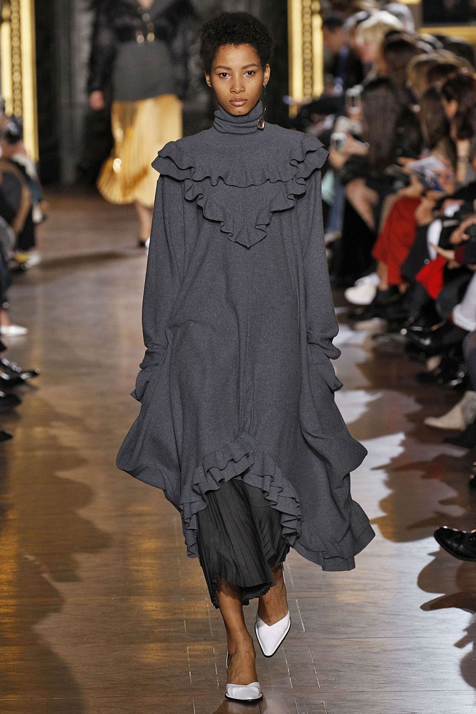 <p>Grey jersey is given new life with a smattering of frills at Stella. But  if you try it at home, this much fabric calls for a pointed heel.</p>