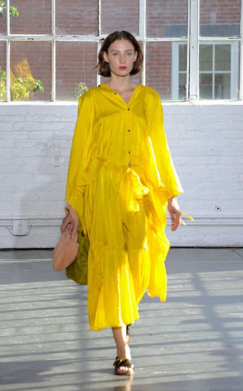 Yellow, Sleeve, Dress, One-piece garment, Fashion, Street fashion, Fashion model, Day dress, Sandal, High heels, 