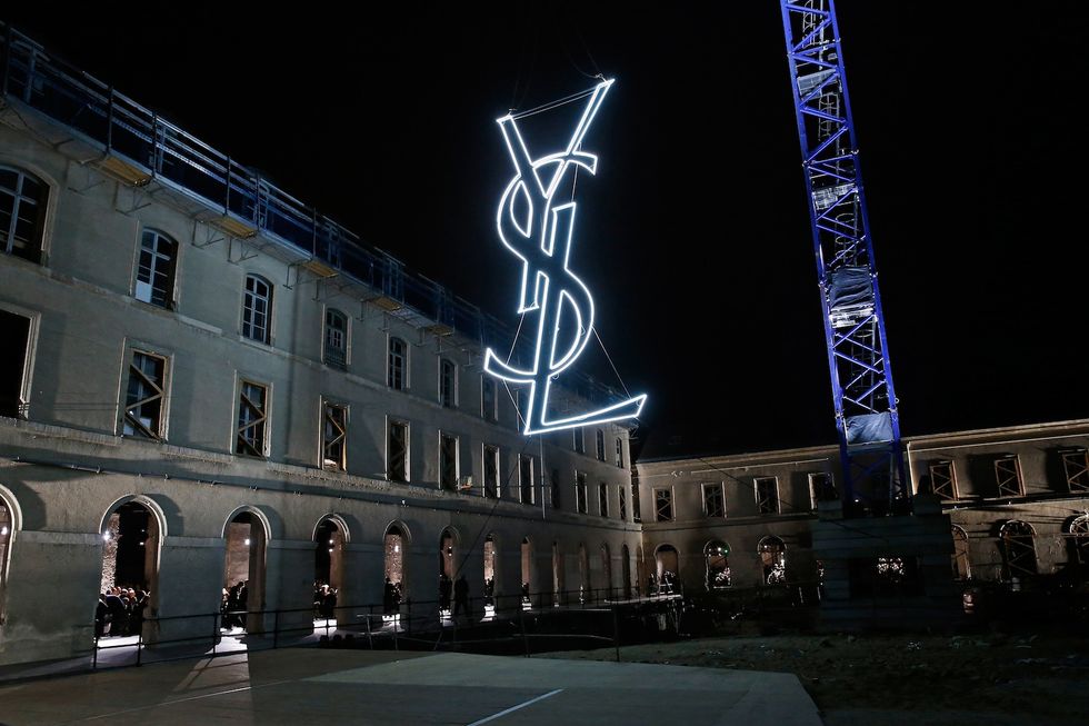 The huge YSL logo suspended outside the venue