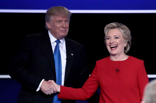 Hillary and Donald Trump shake hands at the US Presidential Debate, September 2016