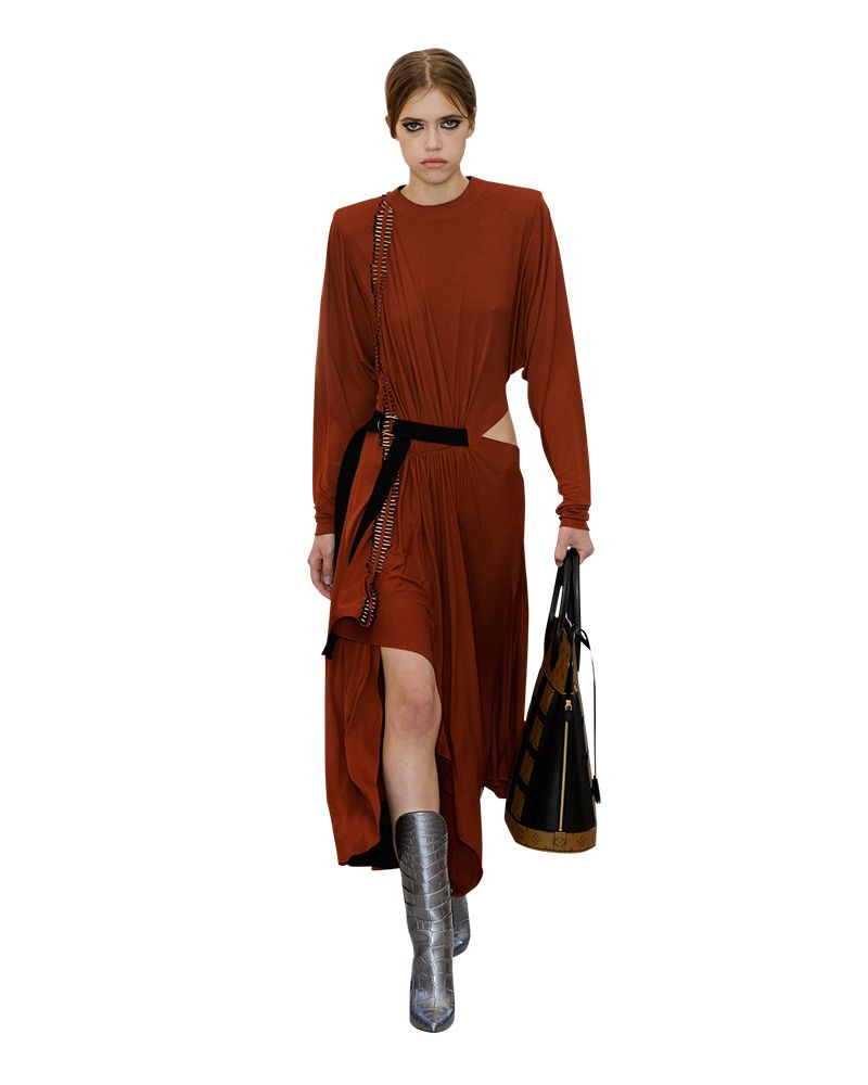 Clothing, Brown, Sleeve, Shoulder, Dress, Textile, Joint, Style, Fashion, Knee, 