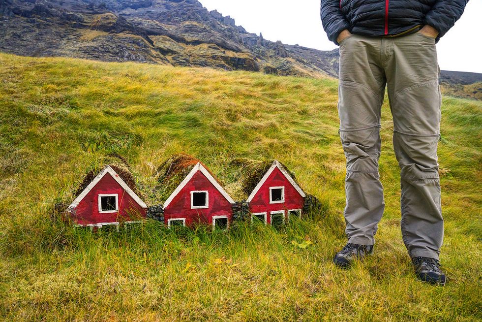 Trousers, Mountainous landforms, Landscape, Grassland, Slope, Jacket, T-shirt, People in nature, Hill, House, 