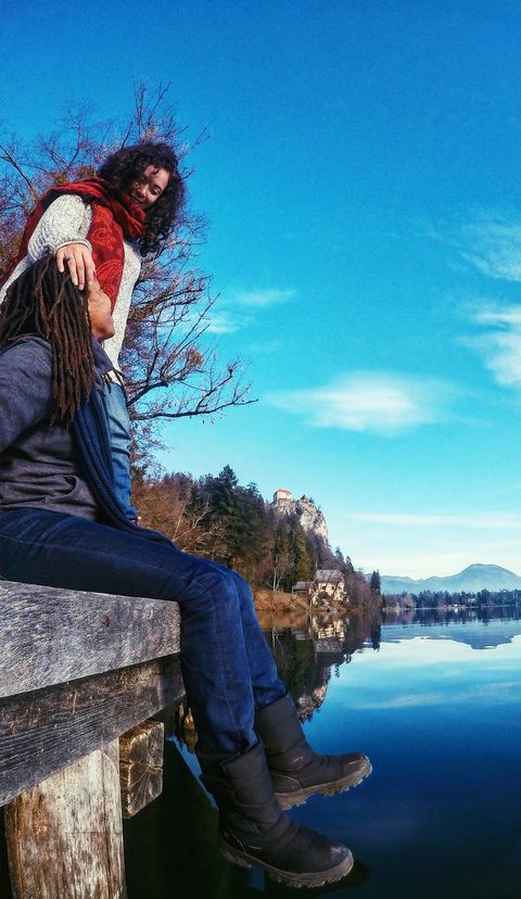 Leg, Jeans, Denim, People in nature, Electric blue, Long hair, Reflection, Boot, Lake district, Loch, 