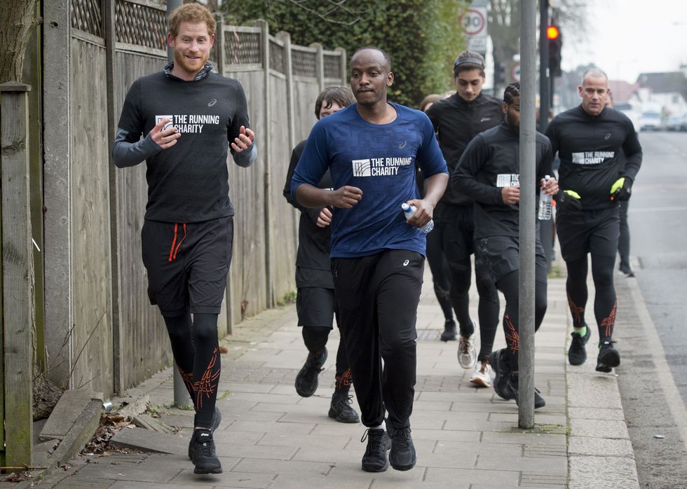 Prince Harry runs with staff and users of The Running Charity, which is the UK's first running-orientated programme for homeless and vulnerable young people, on January 26, 2017 in Willesden, north west London, England.