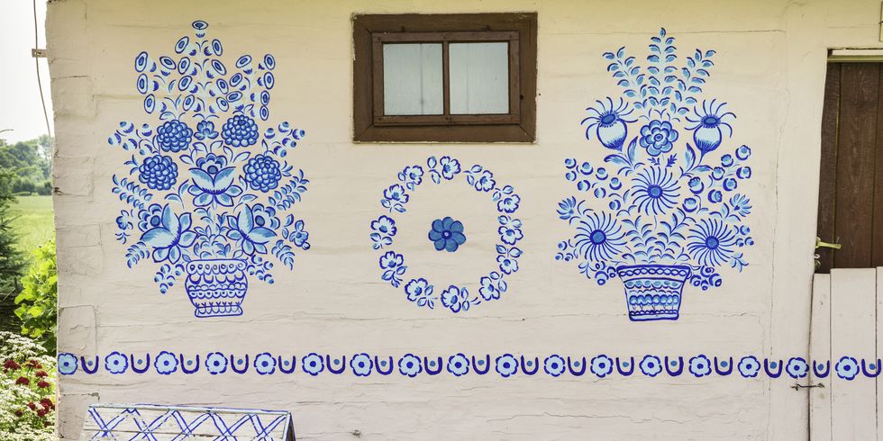 Blue, Majorelle blue, Wall, Pattern, Art, Motif, Visual arts, Creative arts, Rectangle, Symmetry, 