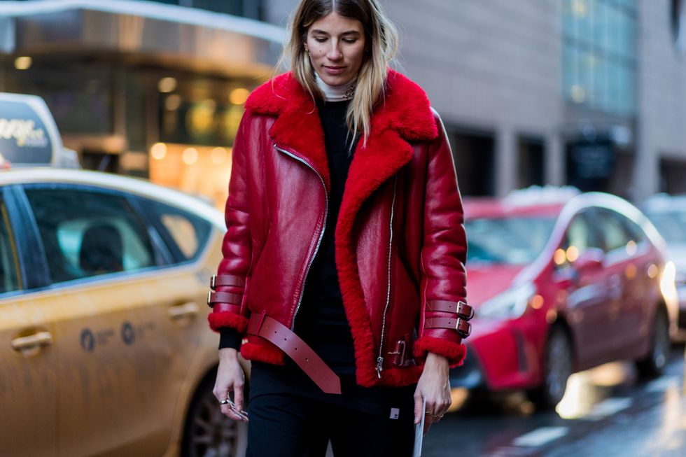 NEW YORK, NY - FEBRUARY 10: Veronika Heilbrunner wearing a red Acne leather jacket outside Jason Wu on February 10, 2017 in New York City. (Photo by Christian Vierig/Getty Images)
